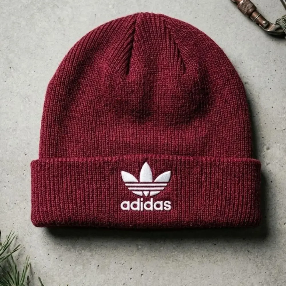 Adidas Originals Trefoil Beanie Hat Maroon Burgundy Fold Over Streetwear Skater